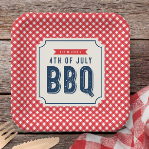 Rotes Gingham und blaues 4. Juli BBQ Pappteller