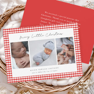 Rotes Gingham-Weihnachten 3 Foto Baby Danke Karte