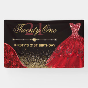 Rotes Glitter-Ballkleid mit Gold zum 21. Geburtsta Banner