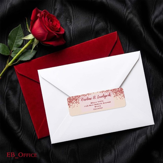 Rotes Glitter Champagner Elegante Rücksendeadresse (Red Glitter Labels: 
2.25” L x 0.75” W
•	30 labels per sheet
•	Sheet: 8.5” L x 11” W



)