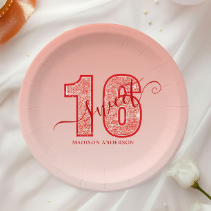 Rotes Glitter-Schriftzug Sweet 16 Pappteller