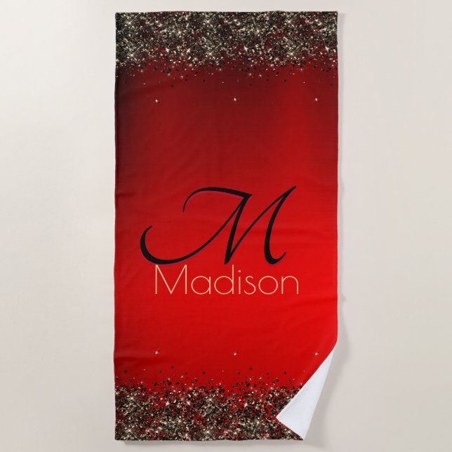 Rotes Glitzer-Monogramm Strandtuch (Vorderseite)