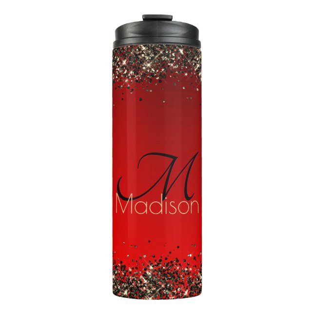 Rotes Glitzer-Monogramm Thermosbecher (Vorderseite)