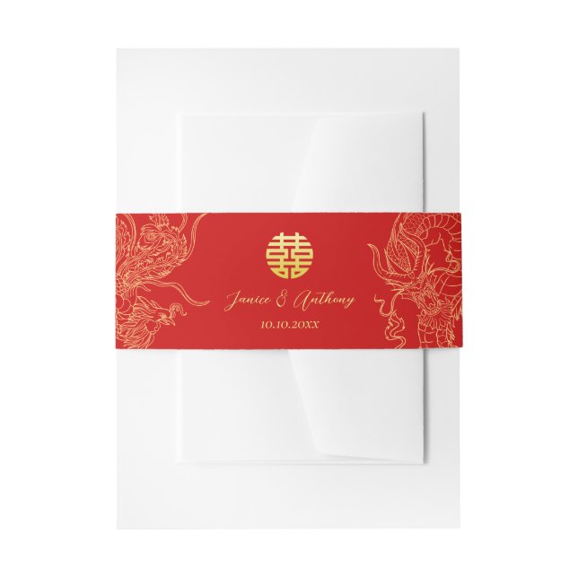 Rotes Gold Chinesischer Hochzeitdrache Phoenix Einladungsbanderole (Vorderseite Beispiel)