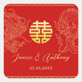 Rotes Gold Chinesischer Hochzeitdrache Phoenix Quadratischer Aufkleber