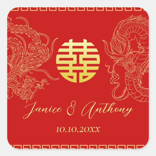 Rotes Gold Chinesischer Hochzeitdrache Phoenix Quadratischer Aufkleber (Vorderseite)
