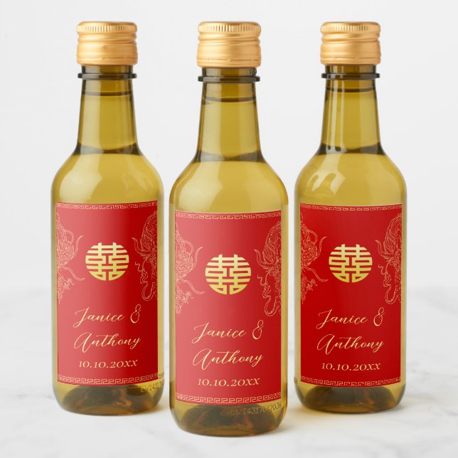 Rotes Gold Chinesischer Hochzeitdrache und Phönix Weinetikett (Flaschen)