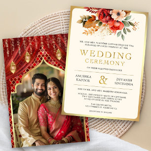Rotes Gold Florales Indisches Hindu-Foto Hochzeit Einladung