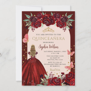 Rotes Gold Florales Prinzessin Quinceanera Einladung