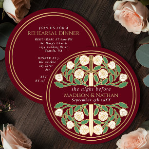 Rotes Gold Florales Schwert Königliche Hochzeitspr Einladung