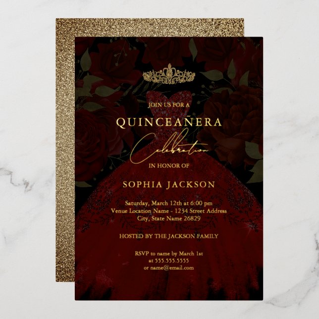 Rotes Gold Kleid Tiara Quinceanera Einladung (Vorderseite/Rückseite)