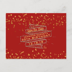 Rotes Gold Konfetti Geburtstag Save-the-Date Ankündigungspostkarte