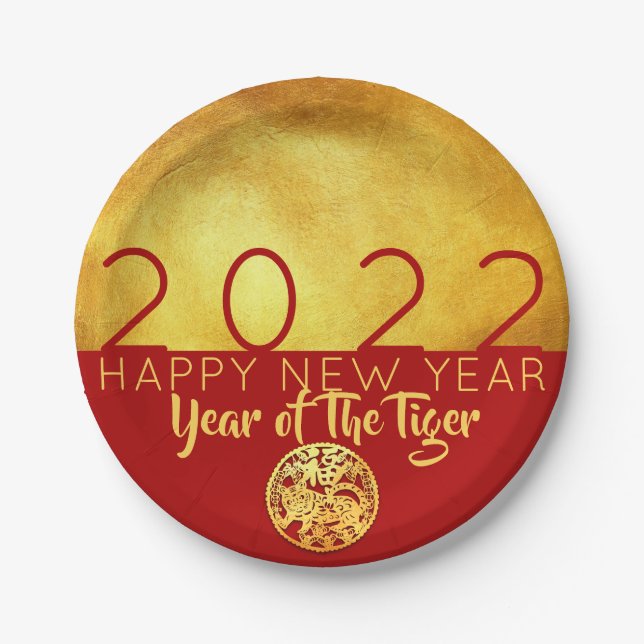 Rotes Gold - Tiger-Papierschnitt 2022 PP Pappteller (Vorderseite)