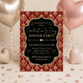 Rotes & goldenes Herz Damast Galentine's Dinnerpar Einladung