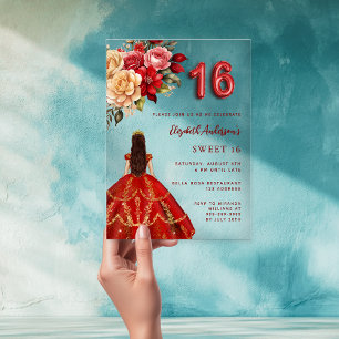Rotes goldenes Kleid Florale Rose klar Sweet 16 Acryleinladungen