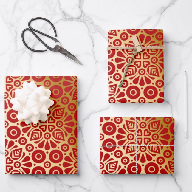 Rotes goldenes orientalisches Muster Geschenkpapier Set (Vorderseite)