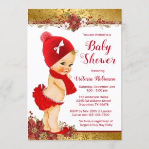 Rotes goldenes Weihnachts-Babyshower-Mädchen Blond Einladung