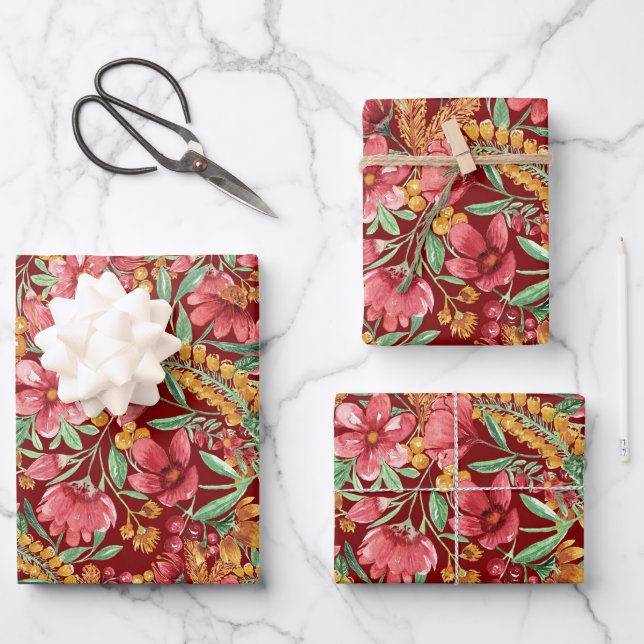 Rotes goldgelbes Blume-Muster Geschenkpapier Set (Vorderseite)