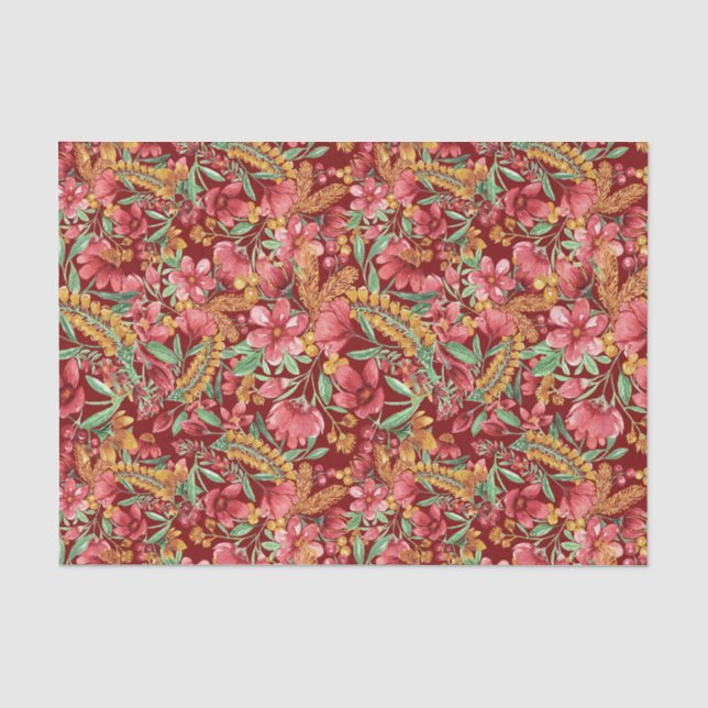 Rotes goldgelbes Blume-Muster Seidenpapier (Vorderseite)