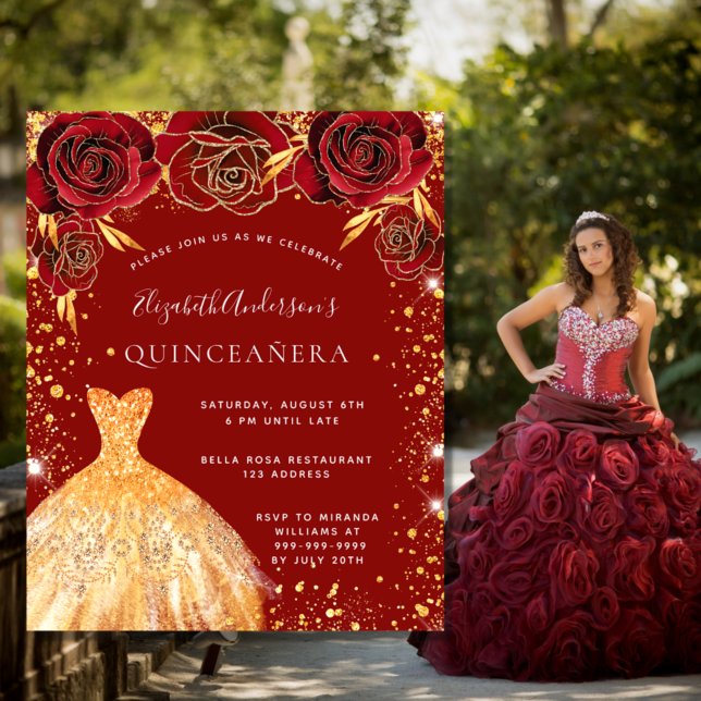 Rotes Goldkleid aus Quinceanera Einladung (Von Creator hochgeladen)