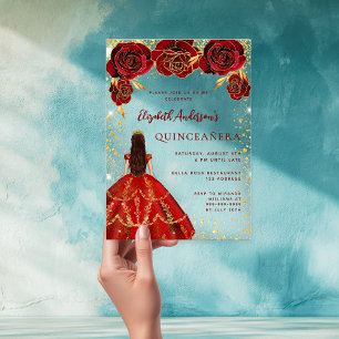 Rotes Goldkleid Blumen Rosen klare Quinceanera Acryleinladungen