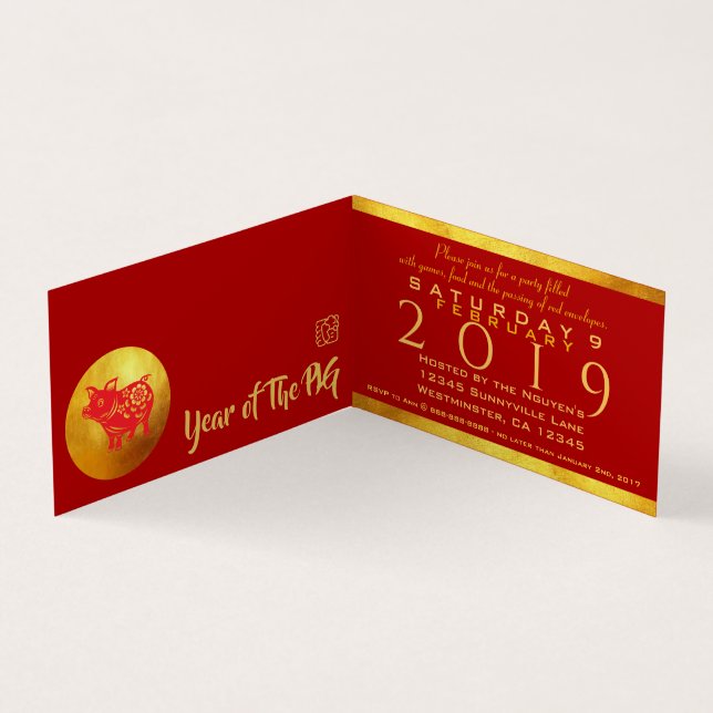 Rotes Goldschwein papercut Party 2019 faltete Visitenkarten (Innenseite)