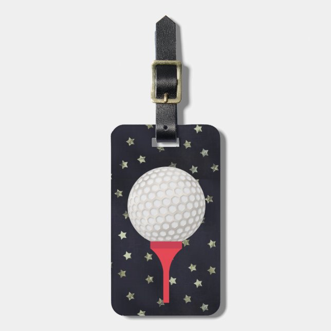 Rotes Golf-T-Shirt und Ball mit Sternen Gepäckanhänger (Vorderseite vertikal)