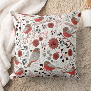 Rotes graues Chickadees-Muster mit Blumen Kissen