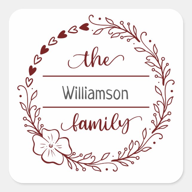 Rotes graues Monogramm Familienname Blumenkraut Quadratischer Aufkleber (Vorderseite)