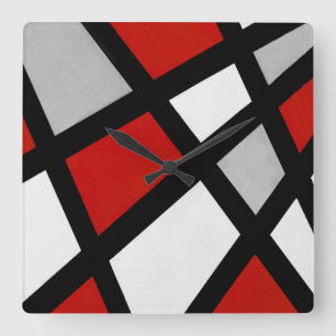 Rotes graues Schwarz-weißes geometrisches Quadratische Wanduhr