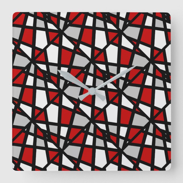 Rotes graues schwarzes geometrisches Muster Quadratische Wanduhr (Vorderseite)