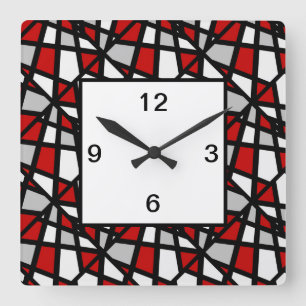 Rotes graues schwarzes geometrisches Muster Quadratische Wanduhr