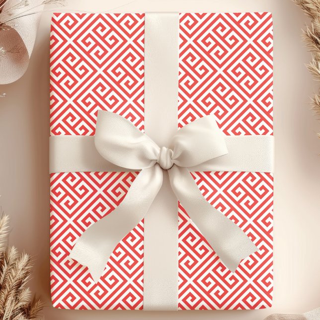 Rotes Griechisches Schlüssel-Labyrinth Geschenkpapier (Von Creator hochgeladen)