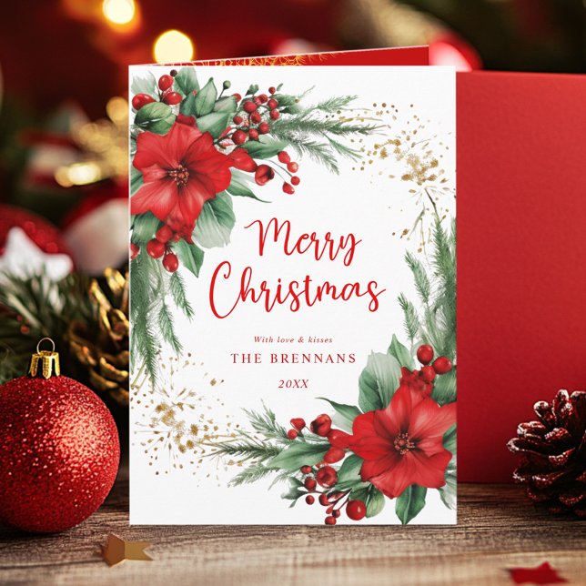 Rotes Grün Elegantes botanisches Foto Weihnachten (Red Green Elegant Botanical Photo Christmas Holiday Card)