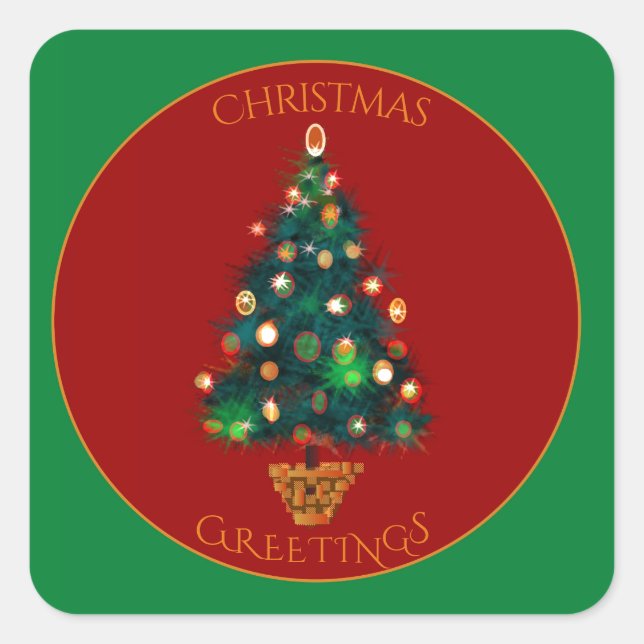 Rotes Grün mit farbenfroher Weihnachtsbaum Quadratischer Aufkleber (Vorderseite)