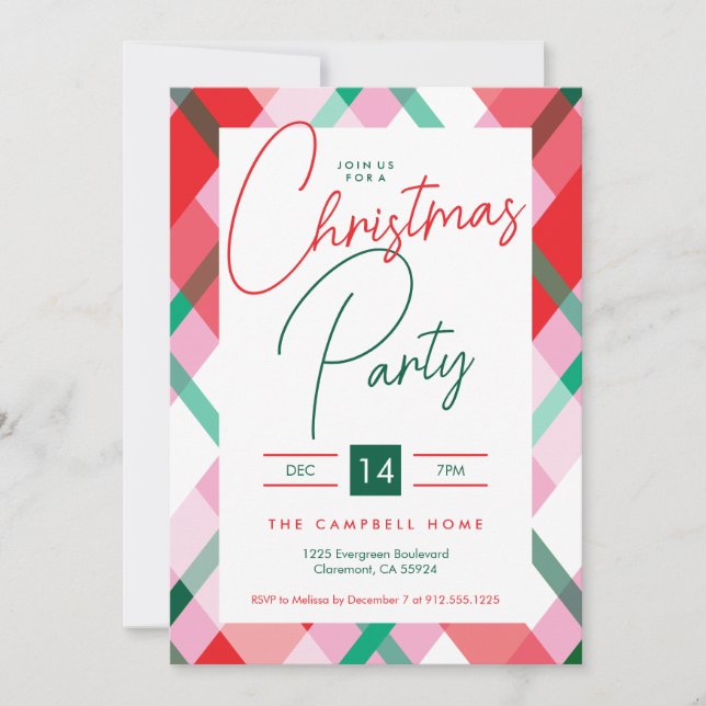 Rotes Grün Rosa Kariertes Weihnachtsfest Party Einladung (Vorderseite)
