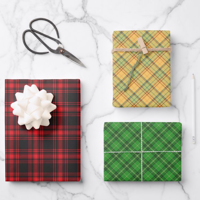 Rotes, grünes, gelbes Kariertes Umschlagpapier Set Geschenkpapier Set (Vorderseite)