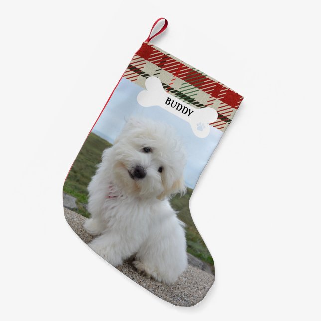 Rotes grünes Kariert Rustikales Dogenknochen Foto Kleiner Weihnachtsstrumpf (Vorderansicht (hängend))