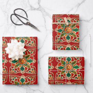 Rotes Grünes Orangengelbes Azulejos Blumenmuster Geschenkpapier Set