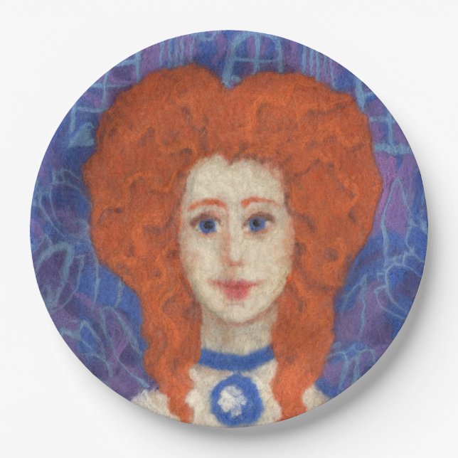 Rotes Haar, Ingwer Girl Rokoko Glasfaser, blau ora Pappteller (Vorderseite)