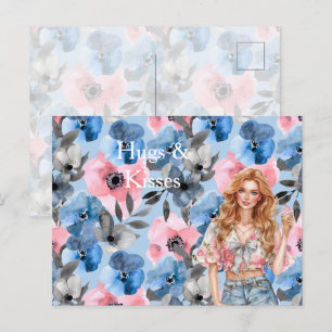 Rotes Haar Mädchen Eiscreme Blaue Blumen Umarmunge Postkarte