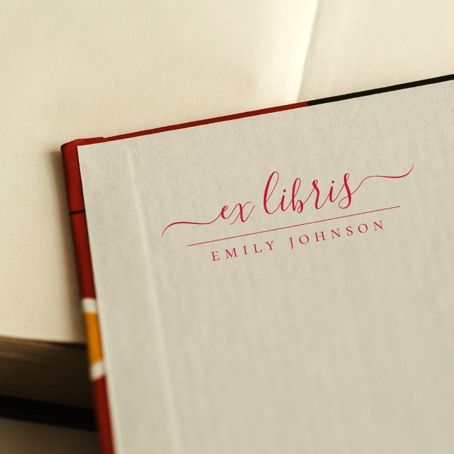 Rotes handgeschriebenes Ex Libris Skript benutzerd Permastempel (Von Creator hochgeladen)