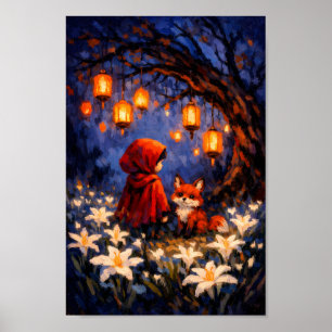 Rotes Haubenmädchen mit Fuchs im Laternenwald Ölge Poster