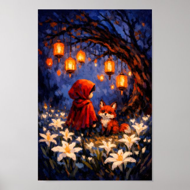 Rotes Haubenmädchen mit Fuchs im Laternenwald Ölge Poster (Vorne)