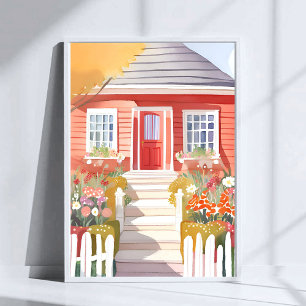Rotes Haus   Hübsche Aquarellmalerei Poster