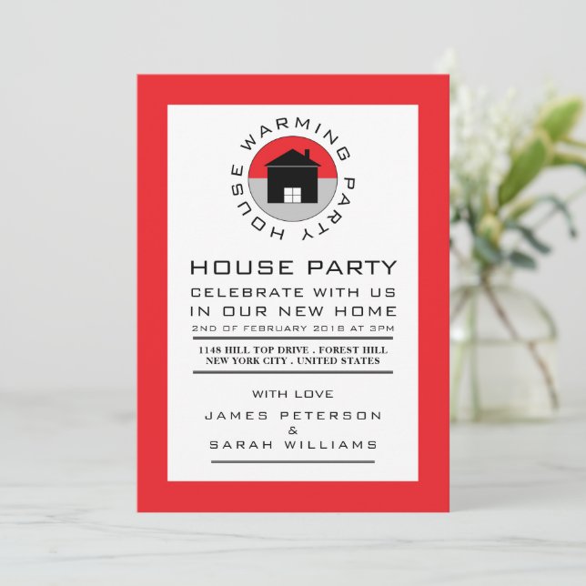 Rotes Haus-Logo, Party zur Wohnungsaufwärmung, Par Einladung (Stehend Vorderseite)
