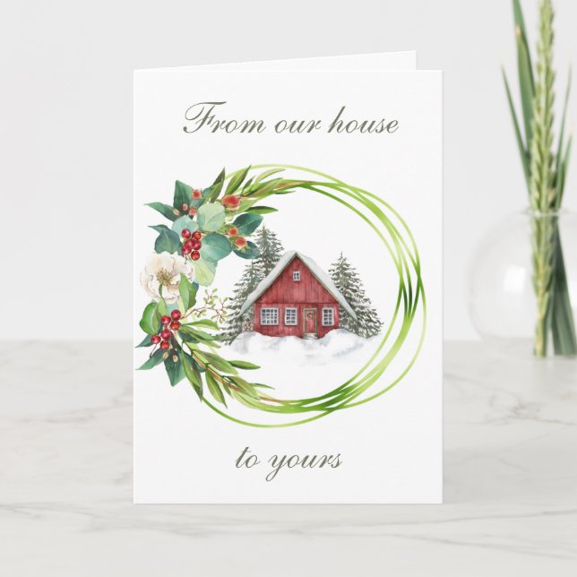 Rotes Haus mit Magnolia und Berry Wreath Urlaub Karte (Vorderseite)