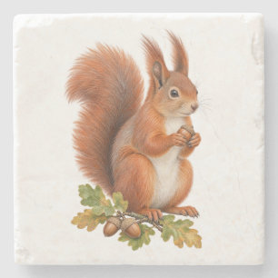 Rotes Herbst Eichhörnchen mit Eicheln und Eichenla Steinuntersetzer