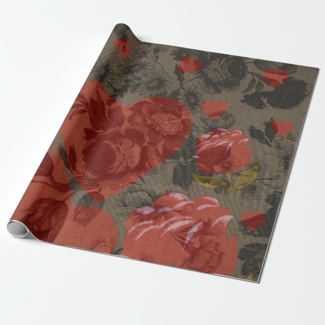 Rotes Herz auf schöne Vintage Blumen Geschenkpapier (Ungerollt)