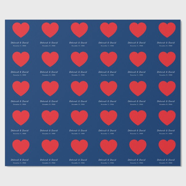 Rotes Herz Blau Moderne Minimalistische Hochzeit Geschenkpapier (Flach)